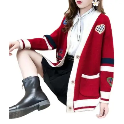 Women's Color Block Knitted Cardigan with Embroidered Details