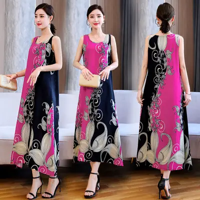 Women Cotton Silk Long Dress Yellow Green Large