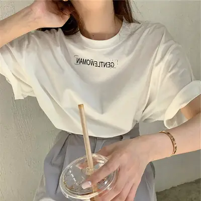 Women Short Sleeve T-Shirt White Loose Fit 2025