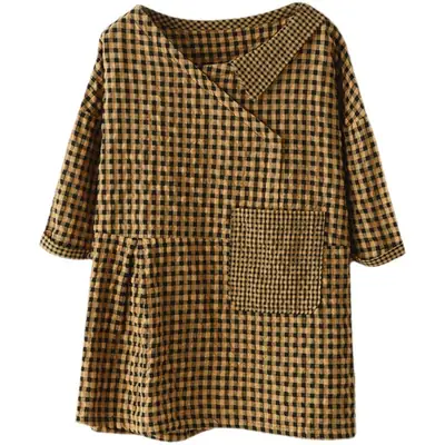 Women V Neck Cotton Linen T-Shirt Brown Checkered