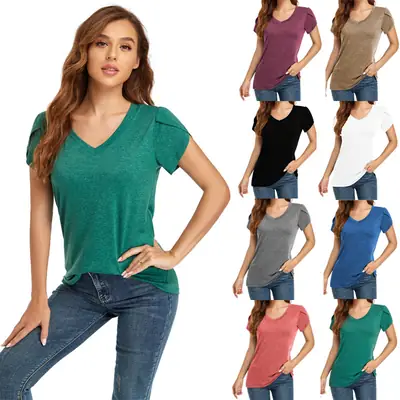 Blue V-Neck Short Sleeve T-Shirt for Women