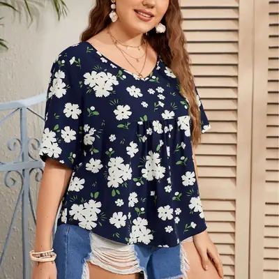 Plus Size Floral Cotton Tops for Women