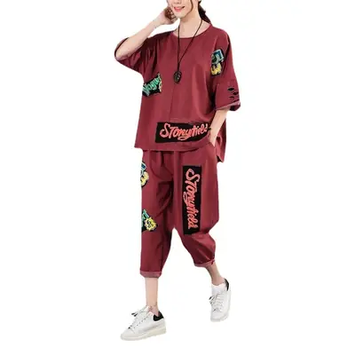 2026 Ripped Patch Print Casual Two-Piece Suit Women Large