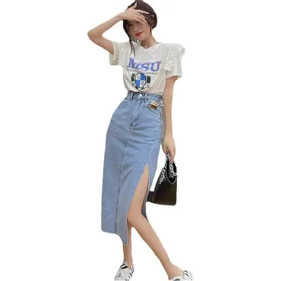 Black Side Slit Denim Midi Skirt Women 2021