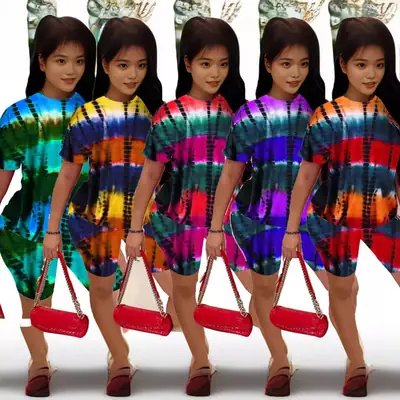 2025 Tie-Dye Women Shorts Set Short Sleeve