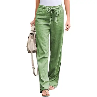 Women Green Elastic Waist Wide Leg Pants Summer Cotton Linen Belted