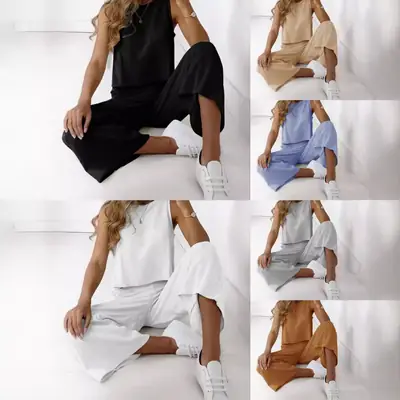 2021 White Sleeveless Top & Wide Leg Pants Set