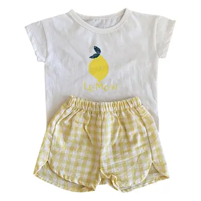 2026 Korean Kids Shorts Set Fruit Print Green Checkered