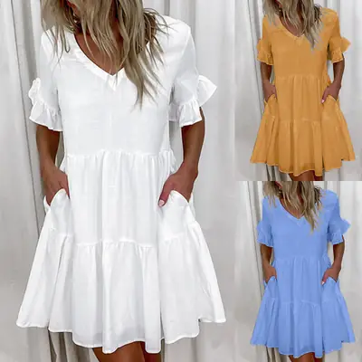 Light Blue Princess Dress with Ruffles & Pocket
