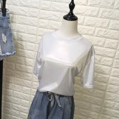 Women's Blue Glitter Square Collar T-Shirt Mid Length Loose Large