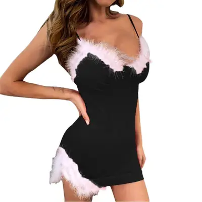 Red Faux Fur Sling Dress for Women 2022 Spring
