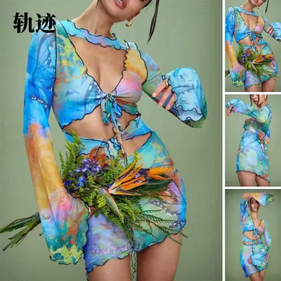 2025 Summer Cut Out Long Sleeve Skirt Dress for Women Blue Floral