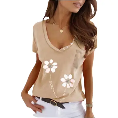 Women's Pink Floral Slim V-Cell T-Shirt with Buttons