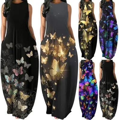 Black Butterfly Print Long Dress with Slim Fit Sleeves