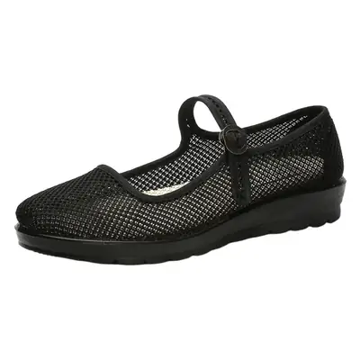 Women's Black Mesh Slip-On Flat Shoes with Buckle Strap