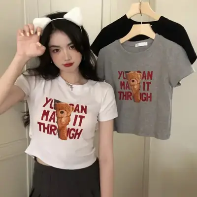2025 Summer Women Korean Style Letter Bear Print T-Shirt
