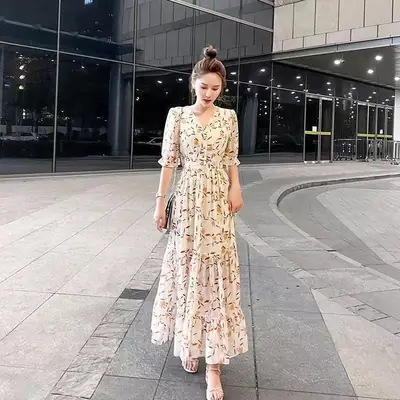 Women Chiffon Floral V Neck Dress Summer Long Skirt