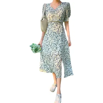 French Design Floral V Neck Dress Mid Skirt