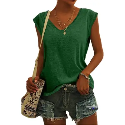 Women Green Cap Sleeve V-Neck Casual Vest T-Shirt