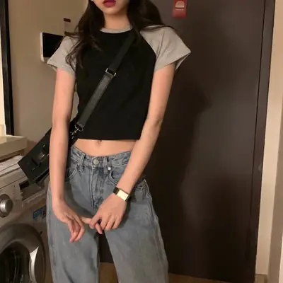 Women Korean Style Crop Top T-Shirt Grey Black 2025