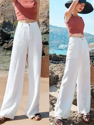 Women's Loose Slimming Cotton Linen Pants White