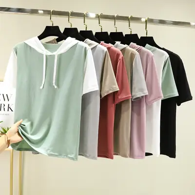 Women Ice Silk Hooded Short Sleeve Contrast White Green