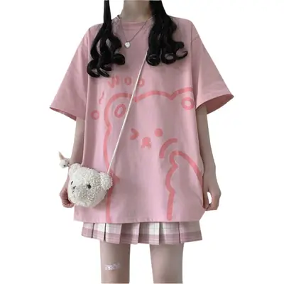 Cute Bear Print Short Sleeve T-Shirt Black