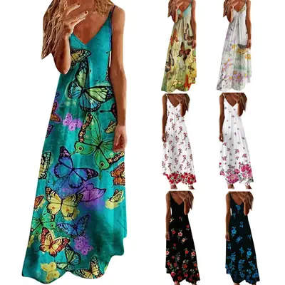 Women Black Floral V-Neck Strap Dress