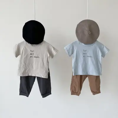 Kids Letter Print T-Shirt Light Blue Short Sleeve Pure Cotton