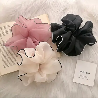 Chanel Style Mesh Hair Ring Cream Black Contrast