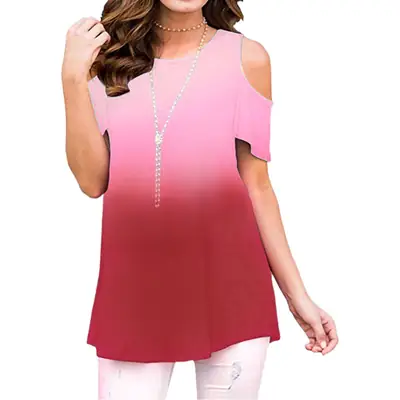 Women Gradient Printed Cold Shoulder T-Shirt Grey Blue