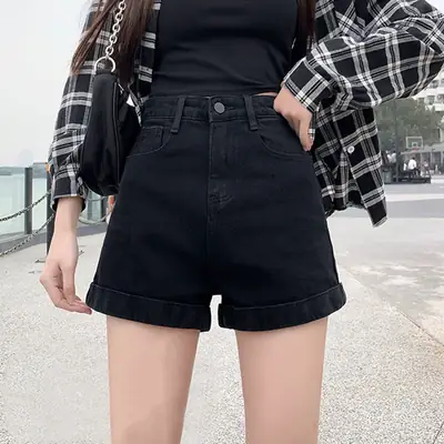 Denim Shorts Female 2021 Black A-Line Slim Fit