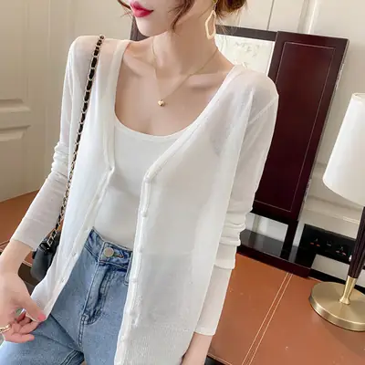 Women Ice Silk Knitted Cardigan with Skirt Blue Summer Top