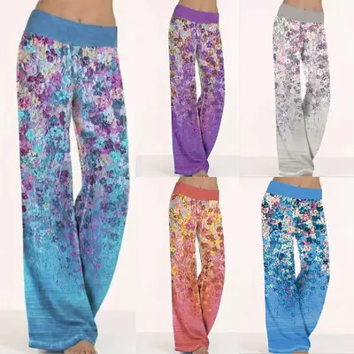 Women's 2021 Floral Yoga Pants Blue Wide Leg Loose Fit