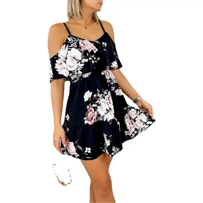 2023 Printed V-Neck Patchwork Off-Shoulder Dress