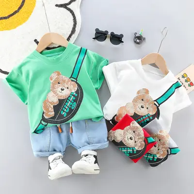 Baby Bear Print T-Shirt Set Green White Kids Clothing