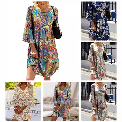 Women Printed Large Waist Dress Spring Summer Loose Fit