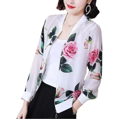 Chiffon Printed Bomber Jacket Black Plus Size Women