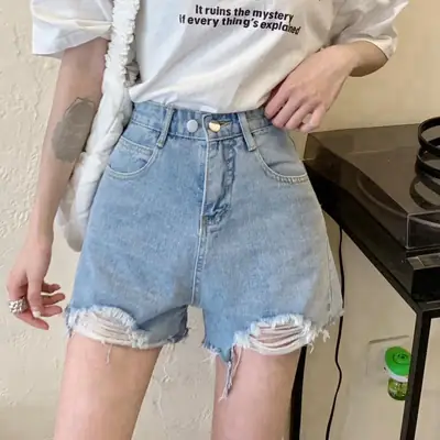 Women Denim Ripped Wide Leg Shorts High Waist 2021