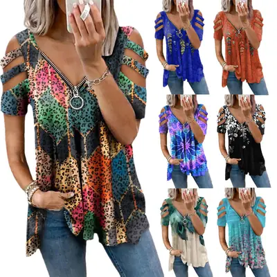 Women's V Neck Zipper Pullover Printed Blue Floral