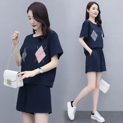 Women Casual Navy Shorts Set Large Summer Wear
