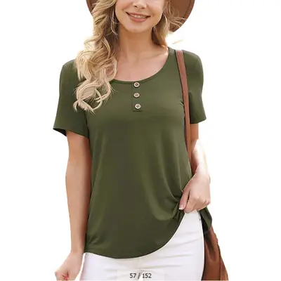 Women Button Short Sleeve T-Shirt Grey