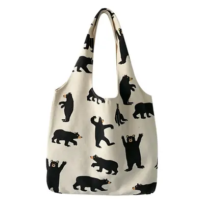 Women Canvas Bear Print Shoulder Bag Large Capacity