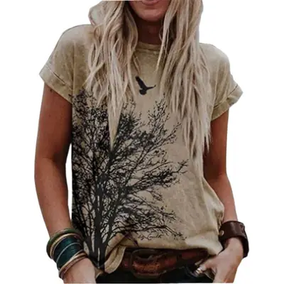 Women Casual Printed T-Shirt Grey Red Floral Short Sleeve