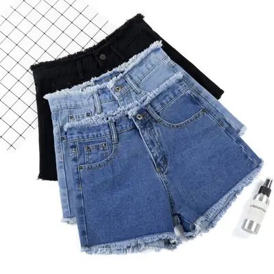 Women Blue Denim Shorts High Waist Frayed Edge 2021