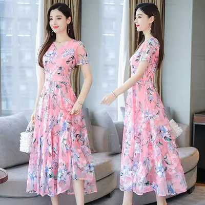 Pink Floral Printed Long Swing Dress for Women