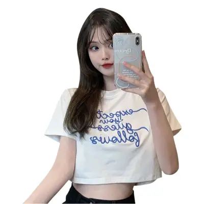 Women Letter Embroidered Crop Top White Black Jeans Set