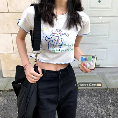 Women Printed Short Sleeve T-Shirt White Blue 2025