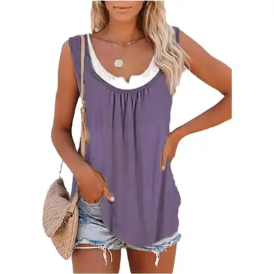 2023 Summer Women's Blue Sleeveless Pleated Vest Top