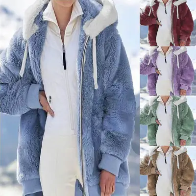 Women Zipper Hooded Jacket Black White Plush Warm Winter Coat